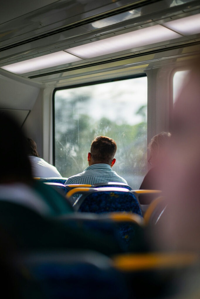 A person in a bus/train seat is seen from behind. Photo: Matthew Alexander/Unsplash